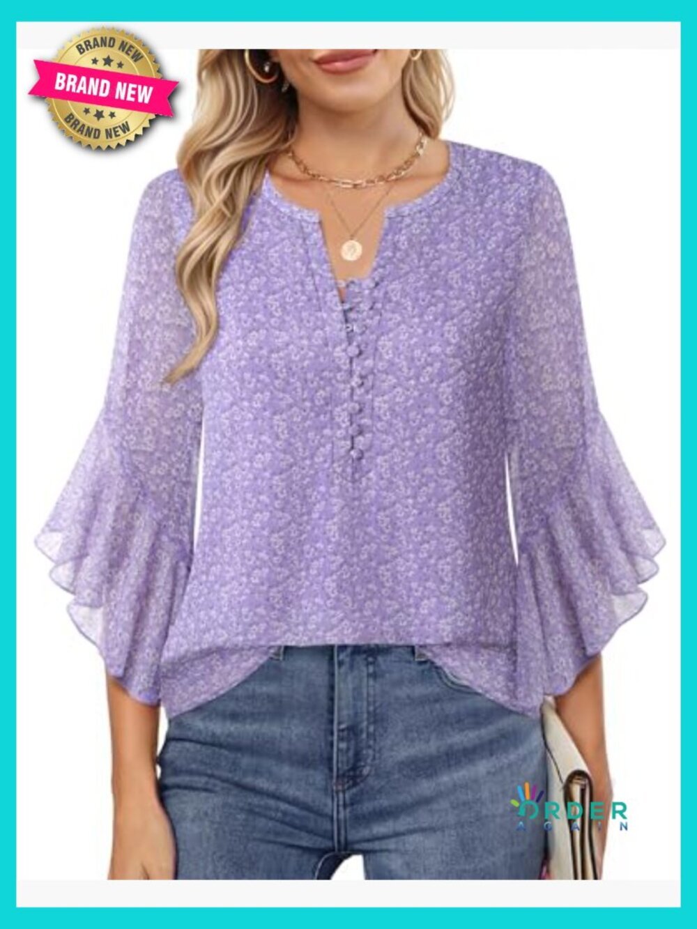 Floral V-Neck Button Down Blouse 3/4 Ruffle Sleeve Chic Casual Elegant Top - Picture 3 of 7